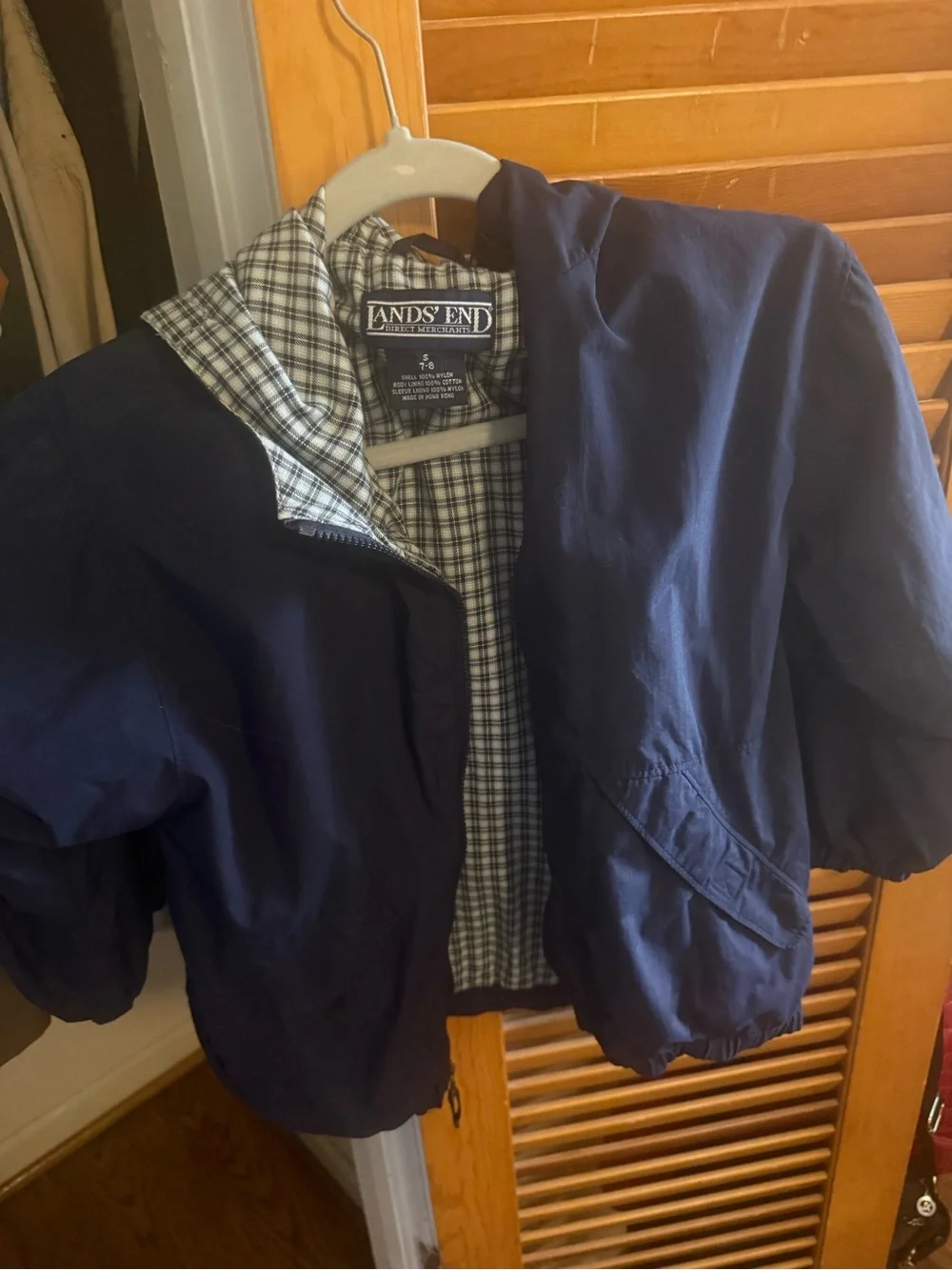 Lands' End Navy Windbreaker Jacket with Plaid Lining